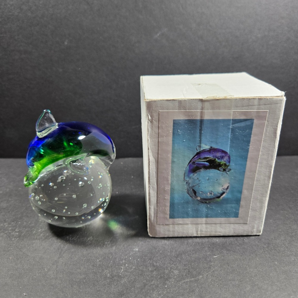 Dolphin Paperweight Blue Green Controlled Bubble Art Glass Nautical OS